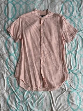 Zara Men's Short-Sleeve Mandarin Collar Shirt - Pale Pink